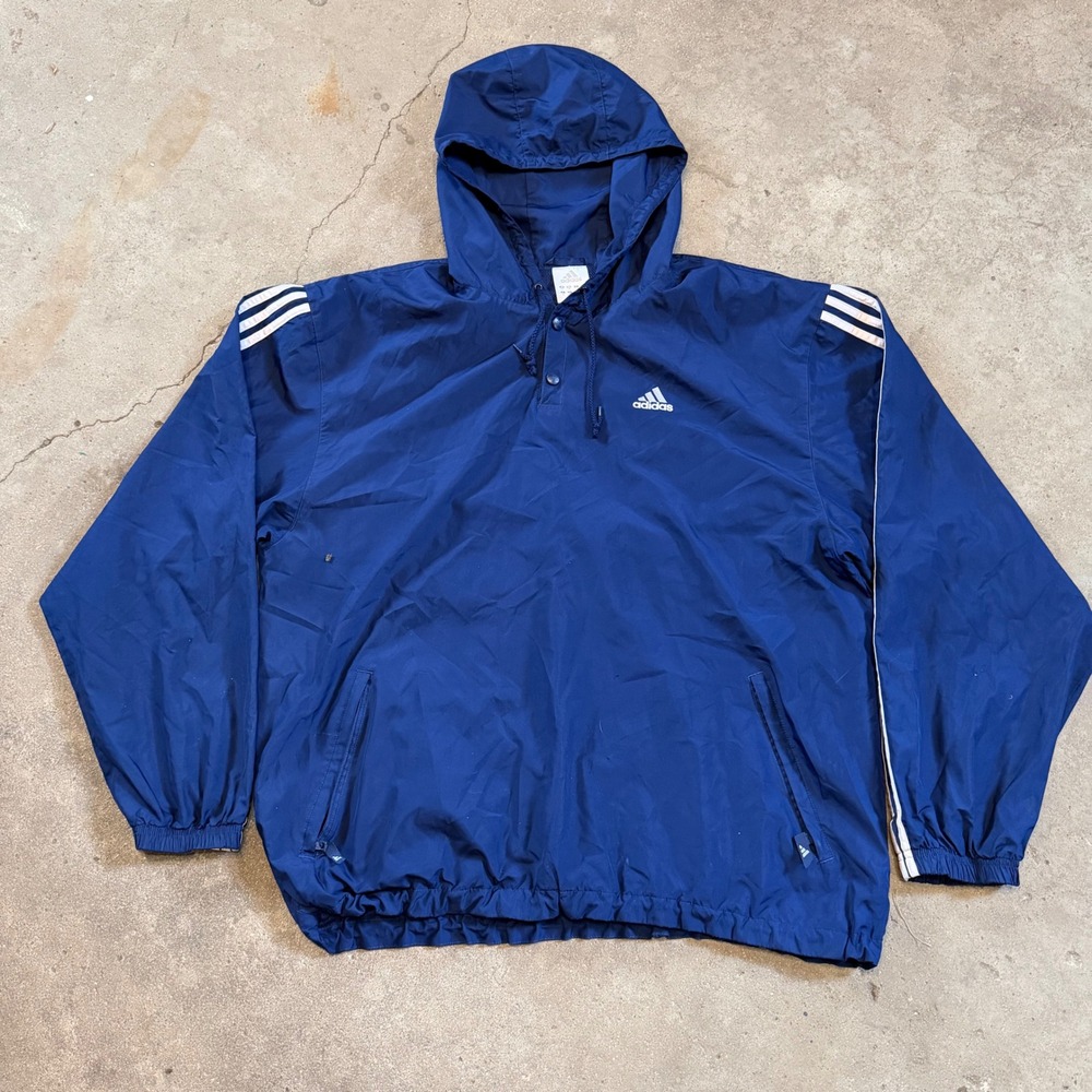 Adidas Windbreaker Men XL Navy Blue Vintage 3-Stripe Hooded Pullover AO2001
